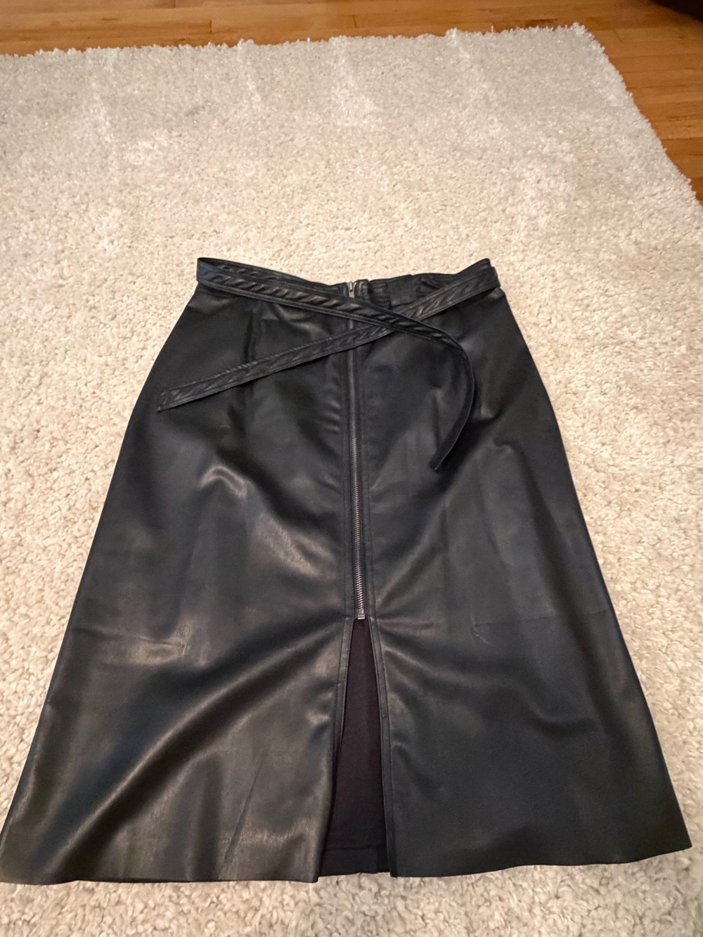 Bailey 44/Anthropologie Black Faux Leather Midi Skirt with Front Zip and Belt